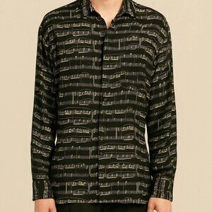 Albert Elovitz Black White Musical Print Silk Long Sleeve Shirt XL Vintage